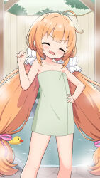Rule 34 | 1girl, blush, closed eyes, collarbone, commentary request, commission, feet out of frame, flat chest, flower knight girl, green towel, hand on own hip, hand up, highres, long hair, macadamia (flower knight girl), naked towel, onsen, open mouth, orange hair, paid reward available, skeb commission, solo, towel, twintails, variant set, very long hair, yuuma (skirthike)