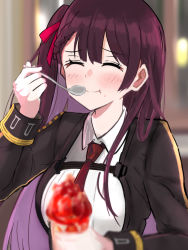Rule 34 | 1girl, blazer, blush, closed eyes, closed mouth, collared shirt, commentary request, eating, food, girls&#039; frontline, hair ribbon, half updo, ice cream, jacket, koenza botoke, long hair, long sleeves, necktie, purple hair, red necktie, red ribbon, ribbon, shirt, smile, solo, spoon, upper body, wa2000 (girls&#039; frontline), white shirt