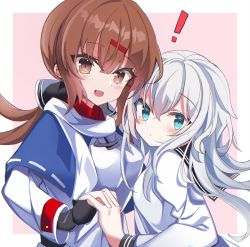 Rule 34 | !, 2girls, black bow, black gloves, black sailor collar, blue eyes, blue shawl, border, bow, brown eyes, brown hair, commentary request, fathom, fingerless gloves, gloves, hair bow, hair ornament, hairclip, hibiki (kancolle), highres, holding hands, jacket, kantai collection, long hair, looking at viewer, low twintails, multiple girls, pink background, ribbon trim, sailor collar, scarf, school uniform, serafuku, shawl, silver hair, tashkent (kancolle), torn clothes, torn scarf, twintails, two-tone background, upper body, verniy (kancolle), white border, white jacket, white scarf
