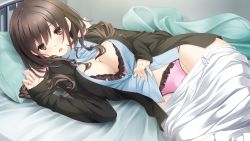 Rule 34 | 1girl, bed, bed sheet, blush, bra, breasts, brown eyes, brown hair, cleavage, clothes pull, dress shirt, fingernails, game cg, hoshimi tsukuyo, kiss ato, long fingernails, long hair, long skirt, looking at viewer, lying, mikoto akemi, on side, open mouth, panties, pink bra, pink panties, shirt, skirt, skirt pull, solo, underwear, undressing, white skirt