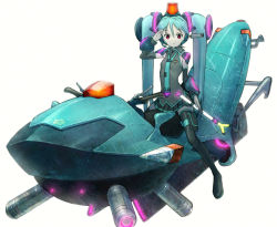 Rule 34 | 1girl, aqua hair, atsuki, bad id, bad pixiv id, bodysuit, detached sleeves, female focus, hatsune miku, highres, hover bike, long hair, machine, motor vehicle, motorcycle, necktie, police, red eyes, simple background, skirt, solo, spring onion, thighhighs, twintails, uniform, vehicle, vocaloid, zettai ryouiki