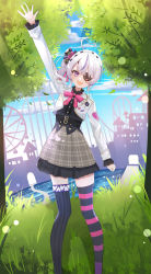 Rule 34 | 1girl, :d, absurdres, ahoge, amusement park, arm up, asymmetrical legwear, black corset, black shirt, black thighhighs, blue sky, blunt bangs, blush, bow, bowtie, buttons, center frills, city, cloud, commentary, corset, cropped jacket, day, dreamoon, eyelashes, eyepatch, feet out of frame, ferris wheel, frilled skirt, frilled sleeves, frills, grass, grey skirt, hair bow, hair ornament, hair ribbon, heart, heart ahoge, highres, jacket, lapels, light rays, long sleeves, looking at viewer, maria marionette, medium hair, mismatched legwear, multicolored hair, nijisanji, nijisanji en, one eye covered, open clothes, open jacket, open mouth, outdoors, pink bow, pink bowtie, pink ribbon, plaid, plaid skirt, ponytail, purple eyes, purple hair, ribbon, roller coaster, shirt, side ponytail, sidelocks, silhouette, skirt, sky, skyline, smile, solo, sparkle, standing, sticker, streaked hair, striped clothes, striped thighhighs, sunlight, teeth, thighhighs, tree, upper teeth only, virtual youtuber, waving, wavy hair, white hair, white jacket, zettai ryouiki