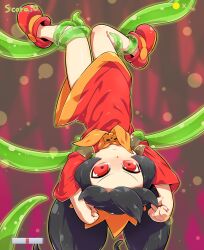 Rule 34 | 1girl, absurdres, angry, arms up, ashley (warioware), black hair, blush, clenched hands, closed mouth, dress, green outline, hairband, highres, long hair, long sleeves, neckerchief, nintendo, orange hairband, outline, red dress, red eyes, red footwear, restrained, shoes, short dress, sidelocks, suspension, tentacles, thighs, tokkyuu mikan, twintails, upside-down, v-shaped eyebrows, warioware