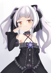 1girl, :3, animal ear fluff, animal ears, bangs, bare shoulders, black dress, black sleeves, blunt bangs, brooch, cat ears, cat girl, center frills, choker, closed mouth, covering mouth, cowboy shot, criss-cross halter, detached sleeves, dress, dress bow, frilled choker, frilled ribbon, frills, gothic lolita, hair ribbon, halter dress, halterneck, hand over own mouth, highres, hololive, jewelry, juliet sleeves, lolita fashion, long hair, long sleeves, makino maki, murasaki shion, pinstripe dress, pinstripe pattern, puffy sleeves, ribbon, short eyebrows, sidelocks, silver hair, simple background, sleeveless, sleeveless dress, smug, solo, star (symbol), striped, twintails, v-shaped eyebrows, virtual youtuber, white background, wide sleeves, yellow eyes