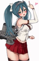 Rule 34 | 1girl, arm up, arm warmers, blue hair, blush, bow, breasts, chigasaki yukari, green eyes, grey background, hair between eyes, hair bow, headgear, heart, highres, isuzu (kancolle), kantai collection, long hair, looking at viewer, medium breasts, neckerchief, open mouth, red neckerchief, red skirt, rigging, sailor collar, school uniform, serafuku, simple background, skirt, sleeveless, solo, thighhighs, twintails, white bow, white sailor collar