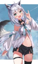 Rule 34 | 1girl, ahoge, animal ears, arm up, black shorts, black thighhighs, blue neckerchief, blush, braid, breasts, commentary request, detached sleeves, fox ears, fox girl, fox shadow puppet, fox tail, green eyes, hair between eyes, highres, hololive, hood, hoodie, long hair, looking at viewer, midriff, navel, neckerchief, open mouth, pentagram, pokeeeo o, shirakami fubuki, shirakami fubuki (1st costume), short shorts, shorts, sidelocks, single braid, single thighhigh, small breasts, solo, tail, thigh strap, thighhighs, virtual youtuber, white hair, white hoodie