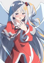 Rule 34 | 1girl, absurdres, black ribbon, blue eyes, blush, capelet, commentary request, dress, grey hair, hair bobbles, hair ornament, highres, long hair, long sleeves, open mouth, red capelet, red dress, ribbon, shinki (touhou), side ponytail, solo, touhou, tsushi, turtleneck, very long hair, white wings, wide sleeves, wings