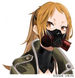 Rule 34 | 1girl, brown eyes, coat, code vein, copyright name, gas mask, green coat, highres, looking at viewer, mask, masked, monone, mouth mask, orange hair, ponytail, portrait, rin murasame, solo