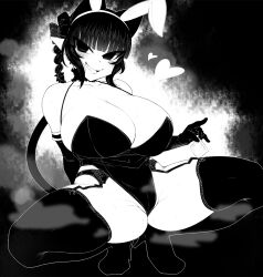 Rule 34 | 1girl, animal ears, blunt bangs, braid, breasts, cat ears, cat girl, cat tail, cleavage, commentary request, condom, condom wrapper, curvy, elbow gloves, extra ears, full body, gloves, greyscale, haseru (ginku mh), heart, huge breasts, kaenbyou rin, leotard, looking at viewer, medium hair, monochrome, nekomata, playboy bunny, pointy ears, side braid, sidelocks, solo, squatting, tail, thighhighs, touhou