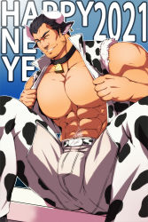 Rule 34 | 1boy, 2021, abs, animal ears, animal print, bara, bare pectorals, bell, bulge, chinese zodiac, cow boy, cow ears, cow horns, cow print, crotchless, crotchless pants, facial hair, feet out of frame, horns, jacket, kito (clamp5656), large pectorals, male focus, mature male, muscular, muscular male, navel, navel hair, neck bell, nipples, one eye closed, open clothes, open jacket, original, paid reward available, pants, pectorals, print jacket, print pants, paid reward available, seductive smile, short hair, sideburns, smile, solo, spread legs, stomach, stubble, thick thighs, thighs, undressing, year of the ox