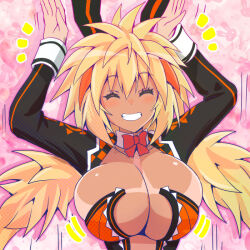 Rule 34 | 1girl, alternate costume, animal ears, arms up, asahi, blonde hair, breasts, cleavage, cleavage cutout, clothing cutout, dark-skinned female, dark skin, fake animal ears, female focus, fishnets, flail, happy, hinode aoi, jumping, knee pads, large breasts, leotard, lilith-soft, long hair, motion lines, multicolored hair, official alternate costume, playboy bunny, rabbit ears, shiny skin, simple background, smile, solo, taimanin (series), taimanin rpgx, tan, two-tone hair, very long hair, weapon
