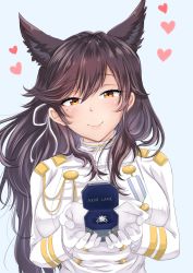 Rule 34 | 1girl, animal ears, atago (azur lane), azur lane, black hair, blue background, blush, box, breasts, brown eyes, buttons, closed mouth, double-breasted, extra ears, gloves, hair between eyes, hair ribbon, highres, holding, holding box, jacket, jewelry, large breasts, long hair, looking at viewer, medal, military, military uniform, mole, mole under eye, ornate ring, ribbon, ring, shounan no tamasu, sidelocks, simple background, smile, solo, swept bangs, uniform, upper body, wedding ring, white gloves, white jacket, white ribbon