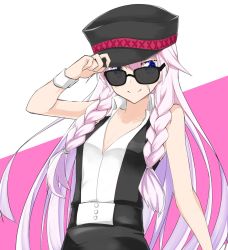 Rule 34 | 1girl, adjusting clothes, adjusting headwear, bare shoulders, belt, black hat, blue eyes, braid, cevio, commentary, conqueror (cevio), hat, highres, ia (vocaloid), long hair, looking at viewer, looking over eyewear, looking over glasses, pink hair, sena kizahashi, shirt, smile, solo, sunglasses, tinted eyewear, twin braids, upper body, very long hair, vocaloid, white shirt, wrist cuffs