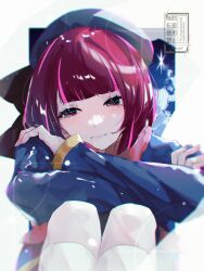 Rule 34 | 1girl, arima kana, beret, black bow, blue hat, blue jacket, blunt bangs, blush, bob cut, bow, bowtie, chromatic aberration, closed mouth, commentary request, crossed arms, film grain, hat, hat bow, highres, inverted bob, jacket, kneehighs, knees up, lens flare, long sleeves, looking at viewer, medium hair, no pupils, oshi no ko, partial commentary, pink bow, pink bowtie, red eyes, red hair, school uniform, simple background, socks, solo, sparkle, to/garashi, upper body, watermark, white background, white socks, youtou high school uniform