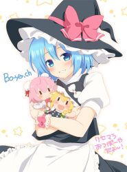 Rule 34 | 1girl, apron, arm up, arms up, bandages, belt, black belt, black dress, black hat, black skirt, black vest, blonde hair, blue eyes, blue hair, blush, bow, braid, brown eyes, buttons, character doll, cirno, closed mouth, collared shirt, cosplay, crossed arms, doll, double bun, dress, eyelashes, eyes visible through hair, fang, flower, frills, green bow, green skirt, hair between eyes, hair bow, hair bun, hands up, hat, hat bow, hug, hugging doll, hugging object, ibaraki kasen, kirisame marisa, kirisame marisa (cosplay), long hair, looking to the side, nnyara, open mouth, pink bow, pink flower, pink hair, pink rose, puffy short sleeves, puffy sleeves, red ribbon, ribbon, rose, seiza, shirt, short hair, short sleeves, single braid, sitting, skirt, smile, solo, star (symbol), starry background, stuffed toy, tabard, teeth, touhou, vest, white apron, white background, white bow, white shirt, witch hat, wrist cuffs
