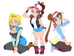 Rule 34 | 3girls, android 18, arm behind back, ass, blonde hair, blue eyes, blush, boots, bored, breasts, brown hair, creatures (company), crossover, dragon ball, dragonball z, full body, game freak, hair bun, hat, highres, hilda (pokemon), hochihochiha, jeans shorts, kneeling, leggings, long hair, medium breasts, multiple girls, nails, nintendo, poke ball, pokemon, pokemon bw, pokemon bw2, rosa (pokemon), serious, shoes, short hair, shorts, skirt, smile, squatting, v, vest, white background