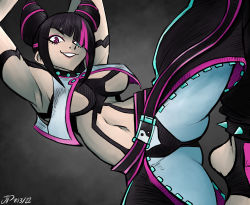 Rule 34 | 1girl, absurdres, anklet, aqua eyes, armpits, arms up, barefoot, black background, black hair, breasts, chaps, cleavage, collar, commentary, dated, hair horns, hair over one eye, han juri, heterochromia, highres, initial, james pardee, jewelry, large breasts, lipstick, looking at viewer, makeup, medium hair, multicolored hair, navel, partially unzipped, pink hair, purple eyes, revealing clothes, simple background, smile, solo, spiked anklet, spiked collar, spikes, stirrup legwear, street fighter, street fighter 6, toeless legwear, two-tone hair, yin yang, yin yang print, zipper