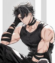 Rule 34 | 1boy, :|, acupofbread, arm support, bara, black choker, black pants, black tank top, choker, closed mouth, collarbone, commentary, cross scar, earrings, english commentary, expressionless, genshin impact, highres, jewelry, looking at viewer, male focus, muscular, muscular male, pants, scar, scar on arm, scar on shoulders, short hair, sitting, solo, tank top, upper body, v-shaped eyebrows, wriothesley (genshin impact)