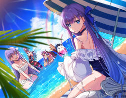 Rule 34 | bandages, bb (fate), bb (fate) (all), bb (fate/extra), bb (swimsuit mooncancer) (fate), bb (swimsuit mooncancer) (third ascension) (fate), beach, breasts, claws, cup, drinking glass, drinking straw, fate/grand order, fate (series), frilled one-piece swimsuit, frills, hair ribbon, heterochromia, highres, ice, ice cube, kingprotea (fate), long hair, looking at viewer, looking back, maydream, md5 mismatch, meltryllis, meltryllis (fate), meltryllis (swimsuit lancer) (fate), meltryllis (swimsuit lancer) (second ascension) (fate), ocean, one-piece swimsuit, open mouth, parasol, partially submerged, passionlip (fate), purple hair, rainbow, resolution mismatch, ribbon, sand, sarashi, sharp teeth, smile, source smaller, swimsuit, teeth, tentacles, umbrella, very long hair, water, wet