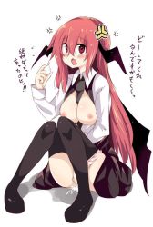 Rule 34 | 1girl, anger vein, bat wings, between breasts, black necktie, black thighhighs, blush, breasts, breasts out, cum, cumdrip, flying sweatdrops, full body, head wings, jpeg artifacts, koakuma, long hair, long sleeves, looking away, looking up, maturiuta sorato, necktie, necktie between breasts, nipples, open mouth, panties, panty pull, red eyes, red hair, shirt, simple background, sitting, solo, sweat, text focus, thighhighs, touhou, translation request, underwear, upskirt, vest, white background, wings