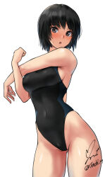 Rule 34 | 1girl, amagami, armpits, back cutout, bare shoulders, black eyes, black hair, black one-piece swimsuit, blue one-piece swimsuit, blush, breasts, clothing cutout, commentary, competition swimsuit, covered navel, cowboy shot, gluteal fold, highleg, highleg swimsuit, highres, looking at viewer, medium breasts, nanasaki ai, one-piece swimsuit, open mouth, revision, short hair, sideboob, signature, simple background, solo, standing, stretching, swimsuit, thighs, twitter username, two-tone swimsuit, white background, yoo tenchi