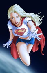 Rule 34 | 1girl, blonde hair, blue eyes, breasts, cape, dc comics, earrings, flying, full body, gloves, grin, jewelry, legs, lipstick, long hair, looking at viewer, makeup, navel, panties, red cape, skirt, smile, solo, space, supergirl, underwear, upskirt, white gloves, white panties