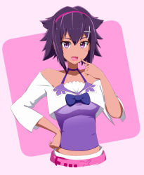 Rule 34 | 1girl, :d, acchi (koiyimknp), bare shoulders, bow, digimon, digimon world -next 0rder-, fang, hair between eyes, hair ornament, hairband, halterneck, halterneck, hand on own hip, highres, looking at viewer, midriff, off-shoulder shirt, oofuchi himari, open mouth, pointing, pointing at self, purple eyes, purple hair, purple shirt, shirt, short hair, smile, spiked hair, x hair ornament