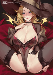 Rule 34 | 1girl, absurdres, black thighhighs, blonde hair, blue eyes, breasts, choker, cian yo, cleavage, collar, garter belt, hat, highres, large breasts, leotard, lips, looking at viewer, mercy (overwatch), overwatch, overwatch 1, parted lips, pubic tattoo, solo, spread legs, tattoo, thick thighs, thighhighs, thighs, witch, witch hat, witch mercy
