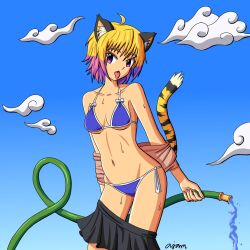 Rule 34 | 1girl, ajamnova, animal ear fluff, animal ears, artist name, bad id, bad pixiv id, bikini, blonde hair, blue bikini, blue sky, breasts, byoubu tetora, clothes pull, cloud, female focus, highres, hose, looking at viewer, multicolored hair, navel, open mouth, otomimi infinity, outdoors, pink hair, purple eyes, short hair, skirt, skirt pull, sky, solo, stomach, sweat, swimsuit, tail, tiger ears, tiger girl, tiger tail, tongue, tongue out, water
