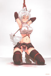 Rule 34 | 1girl, adapted costume, albino, alternate costume, animal ears, armpits, arms up, artist name, bdsm, black gloves, black thighhighs, bondage, boots, bound, colorized, crop top, crop top overhang, ehrrr, elbow gloves, full body, gloves, gradient background, highres, inubashiri momiji, kneeling, looking at viewer, midriff, miniskirt, navel, no headwear, panties, pantyshot, pom pom (clothes), red eyes, rope, shibari, short hair, simple background, sketch, skirt, solo, tail, thighhighs, tiptoes, touhou, underwear, upskirt, white hair, wolf ears, wolf tail