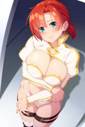 Rule 34 | 1girl, 846-gou, absurdres, areola slip, bikini, blush, boudica (fate), breasts, censored, cleavage, fate/grand order, fate (series), green eyes, highres, large breasts, long sleeves, looking at viewer, mosaic censoring, navel, o-ring, red hair, short hair, short ponytail, shrug (clothing), solo, swimsuit, thigh strap, thighs, white bikini