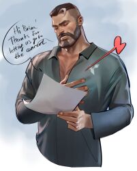 Rule 34 | 1boy, alternate costume, arrow through heart, bara, beard, blue eyes, brimstone (valorant), brown hair, chest hair, cropped torso, english text, facial hair, grey hair, hand on own chest, highres, holding, holding paper, large pectorals, male focus, mature male, muscular, muscular male, old, old man, paper, partially unbuttoned, pectoral cleavage, pectorals, sasha shkret, short hair, solo, thick eyebrows, two-tone beard, valorant