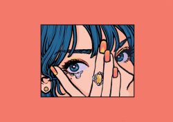 Rule 34 | 1girl, blue eyes, blue hair, border, earrings, hand up, highres, jewelry, looking at viewer, minillustration, mole, mole under eye, nail polish, original, red border, ring, shadow, solo, tears
