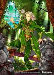 Rule 34 | 1boy, armor, arrow (projectile), belt, boots, cape, copyright name, force of will, grass, leaf, long hair, male focus, nature, official art, pointy ears, quiver, rock, solo, sparkle, tomida tomomi, tree, white hair, yellow eyes