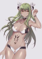 Rule 34 | 1girl, absurdres, arm at side, arm up, armpits, bad id, bad pixiv id, bare shoulders, bikini, breasts, brooch, cleavage, closed mouth, cowboy shot, dark-skinned female, dark skin, elf, gem, green hair, grey background, hair ribbon, halterneck, heart, highres, jewelry, large breasts, legs together, long hair, maruchi, navel, original, pointy ears, red gemstone, ribbon, simple background, smile, solo, standing, swimsuit, tattoo, very long hair, white bikini, white ribbon, yellow eyes