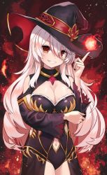 Rule 34 | 1girl, arm under breasts, arm up, black leotard, breasts, cleavage, clothing cutout, commentary, commission, eyes visible through hair, fire, fur trim, gem, gold, gold trim, grin, hat, highres, index finger raised, indie virtual youtuber, kuronosu (yamada1230), large breasts, leotard, long hair, looking at viewer, mizuz, nail polish, navel cutout, red eyes, skeb commission, smile, teeth, thighs, torn clothes, torn hat, torn sleeves, virtual youtuber, waist cape, white hair, witch, witch hat