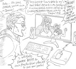 Rule 34 | 1girl, 2boys, :d, bb (baalbuddy), blunt bangs, closed eyes, commentary, dollar sign, elf, english commentary, english text, fake video, female orc, glasses, goblin, greyscale, heart, highres, keyboard (computer), long hair, monitor, monochrome, mouse (computer), mousepad (object), multiple boys, muscular, muscular female, open mouth, orc, original, parody, pointy ears, ponytail, robe, smile, spoken heart, sweatdrop