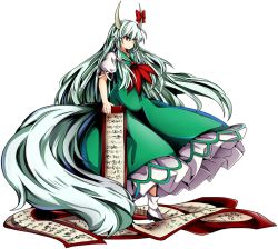 Rule 34 | 1girl, baba (baba seimaijo), dress, ex-keine, full body, green dress, green hair, horn ornament, horn ribbon, horns, kamishirasawa keine, long hair, looking away, md5 mismatch, puffy sleeves, red eyes, resized, resolution mismatch, ribbon, scroll, shoes, short sleeves, socks, solo, source larger, tail, touhou, transparent background, very long hair, white socks