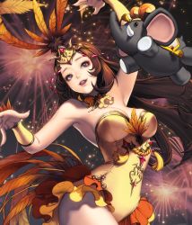 Rule 34 | 1girl, alternate costume, arm up, bare shoulders, breasts, brown hair, card (medium), chaos online, dancing, detached collar, elephant, feathers, full body, garitos, leotard, long hair, looking at viewer, love cacao, official art, open mouth, solo