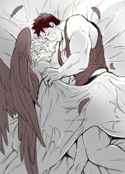 Rule 34 | 2boys, abs, bara, beard, beard stubble, bed sheet, blush, boku no hero academia, crack of light, endeavor (boku no hero academia), facial hair, feathered wings, feathers, feet out of frame, from above, hand on another&#039;s chest, hawks (boku no hero academia), highres, large pectorals, lying, male focus, mature male, multiple boys, muscular, muscular male, naked sheet, navel, nipples, on side, pectoral cleavage, pectorals, scar, scar across eye, shared blanket, short hair, sleeping, spiked hair, stubble, tank top, thick thighs, thighs, wings, wkponkotsu, yaoi