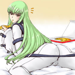 Rule 34 | 00s, 1girl, ass, bed, breasts, c.c., cameltoe, code geass, food, green hair, huge breasts, inomaru, long hair, looking back, lowres, pizza, solo, strap, surprised