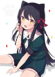 Rule 34 | 1girl, :d, absurdres, animal ears, between legs, black hair, bow, braid, cat ears, collared dress, commentary request, dress, frilled dress, frills, green dress, hair between eyes, hair bow, hand between legs, hand up, harvest moon (vtuber), highres, long hair, looking at viewer, nekone suzu, okota mikan, open mouth, red bow, shadow, short sleeves, simple background, single braid, sitting, smile, solo, very long hair, virtual youtuber, white background, yellow eyes