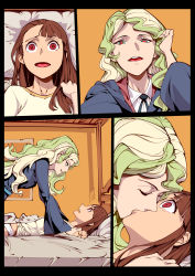 Rule 34 | 2girls, bad id, bad pixiv id, blonde hair, blush, brown hair, diana cavendish, closed eyes, green eyes, heart, heart-shaped pupils, highres, kagari atsuko, kiss, little witch academia, looking at another, looking at viewer, multiple girls, necktie, panties, red eyes, smile, symbol-shaped pupils, underwear, white panties, yuri