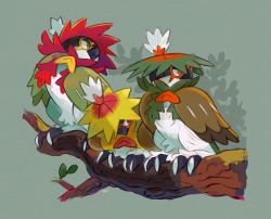 Rule 34 | alternate color, animal focus, beak, bird, branch, brown eyes, closed mouth, commentary request, creatures (company), game freak, green background, hemhemhoo, highres, hisuian decidueye, leaf, looking back, nintendo, owl, pokemon, pokemon (creature), red pupils, shiny and normal, shiny pokemon, standing