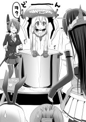 Rule 34 | 10s, 1boy, 4girls, absurdres, abyssal ship, admiral (kancolle), ahenn, bodysuit, cape, food, greyscale, highres, inazuma (kancolle), kantai collection, monochrome, multiple girls, nagato (kancolle), personification, pot, rice, shimakaze (kancolle), soup, tenryuu (kancolle), thighhighs, triangle mouth, wo-class aircraft carrier