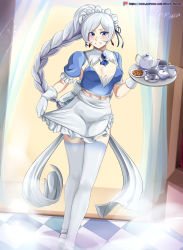 Rule 34 | 1girl, absurdres, apron, artist name, blue eyes, braid, braided ponytail, breasts, checkered floor, cleavage, cookie, earrings, food, gloves, highres, holding, indoors, jewelry, long hair, looking at viewer, maid, maid apron, maid headdress, medium breasts, midriff, navel, parted lips, patreon username, rwby, scar, scar across eye, scar on face, short sleeves, solo, standing, teeth, thighhighs, tray, vilde loh hocen, watermark, weiss schnee, white hair