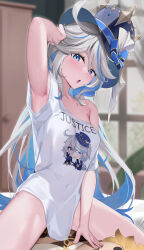 Rule 34 | 1girl, aether (genshin impact), arm behind head, arm up, armpits, bare shoulders, blue eyes, blue hair, blue hat, blush, breasts, clothes writing, collarbone, cowlick, furina (genshin impact), genshin impact, hat, highres, light blue hair, long hair, looking at viewer, medium breasts, multicolored hair, off shoulder, open mouth, shirt, short sleeves, skai kun, streaked hair, stuffed toy, swept bangs, thighs, top hat, white hair, white shirt
