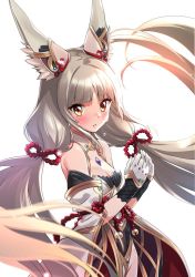 Rule 34 | 1girl, animal ear fluff, animal ears, blunt bangs, blurry, breasts, cat ears, cat girl, cleavage, cowboy shot, depth of field, from side, gloves, gold trim, leotard, long hair, looking at viewer, misu kasumi, nia (blade) (xenoblade), nia (xenoblade), nintendo, niyah, ribbon, silver hair, simple background, small breasts, solo, spoilers, twintails, very long hair, white background, white gloves, xenoblade chronicles (series), xenoblade chronicles 2, yellow eyes