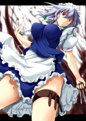Rule 34 | 1girl, apron, between fingers, braid, breasts, campbell (pixiv), campbell gichou, chain, female focus, hair ribbon, holding, izayoi sakuya, knife, large breasts, letterboxed, maid, maid apron, maid headdress, pocket, pocket watch, puffy sleeves, red eyes, ribbon, shirt, short hair, short sleeves, silver hair, skirt, skirt set, solo, touhou, twin braids, upskirt, waist apron, watch