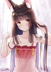 Rule 34 | animal ear fluff, animal ears, azur lane, backlighting, bare arms, bare shoulders, black hair, blunt bangs, collarbone, expressionless, flat chest, fox ears, head tilt, indoors, lingerie, long hair, looking at viewer, m ko (maxft2), nagato (azur lane), nagato (great fox&#039;s respite) (azur lane), negligee, official alternate costume, paw pose, see-through, signature, solo, spaghetti strap, strap slip, underwear, upper body, yellow eyes